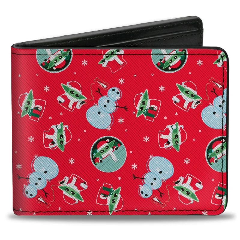 Stainless steel money clips for durability Leather Passport Covers & Wallets with Handmade Stitching for Luxury TravelersBi-Fold Wallet - Star Wars Grogu The Child and Snowman Holiday Christmas Collage Red