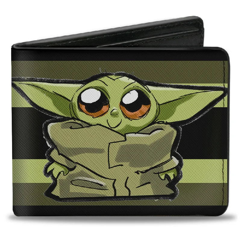 Eco-friendly money clips made from sustainable materials Leather Passport Covers & Wallets with Handmade Stitching for Luxury TravelersBi-Fold Wallet - Star Wars The Child Smiling Pose Painting Stripe Greens Black