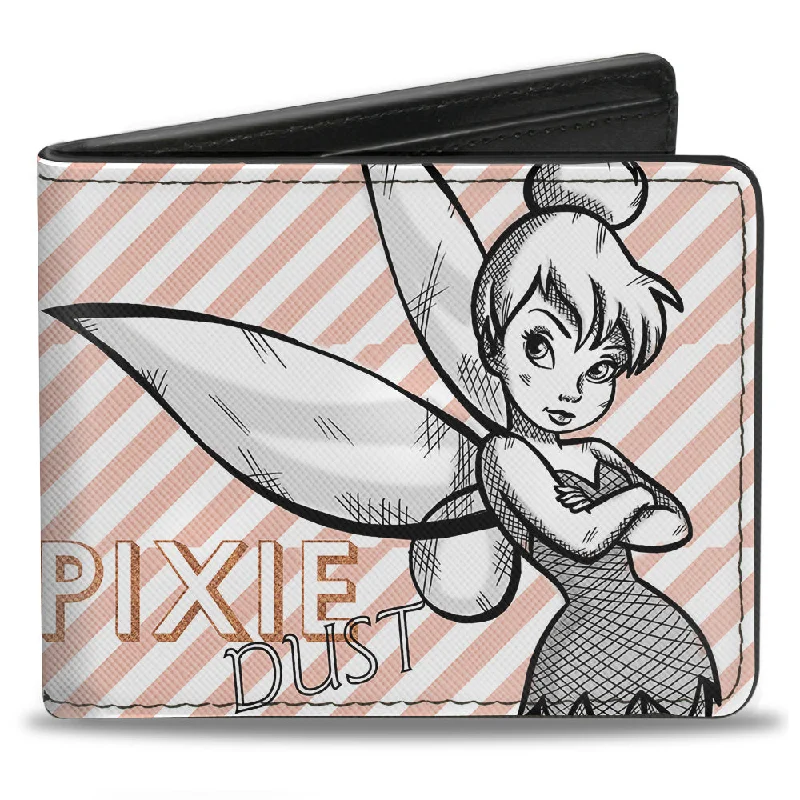 Personalized engraved money clips for men Embroidered Silk Passport Covers & Wallets with Gold Thread for Special OccasionsBi-Fold Wallet - Tinker Bell Sassy Pose2 PIXIE DUST Stripes White Pink Gold Grays