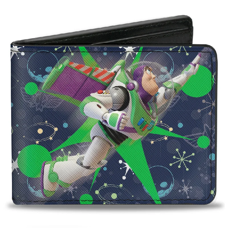 Money clips for holding large amounts of cash Animal-Print Passport Covers & Wallets for Trendy FashionistasBi-Fold Wallet - Toy Story Buzz Lightyear Flight Pose + Space Ranger Logo Icons Blues Greens