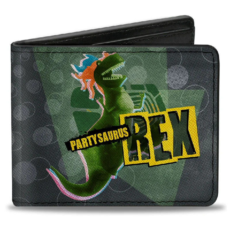 Slim money clips for minimalist wallets Vegan Leather Passport Covers & Wallets for Environmentally Conscious PeopleBi-Fold Wallet - Toy Story PARTYSAURUS REX Dancing Pose Grays Multi Color