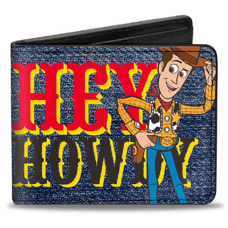 Custom money clips for corporate gifts RFID-Blocking Passport Covers & Wallets in Sleek Black for Business TripsBi-Fold Wallet - Toy Story Woody Pose HEY HOWDY Denim Print Blues Yellow Red Brown