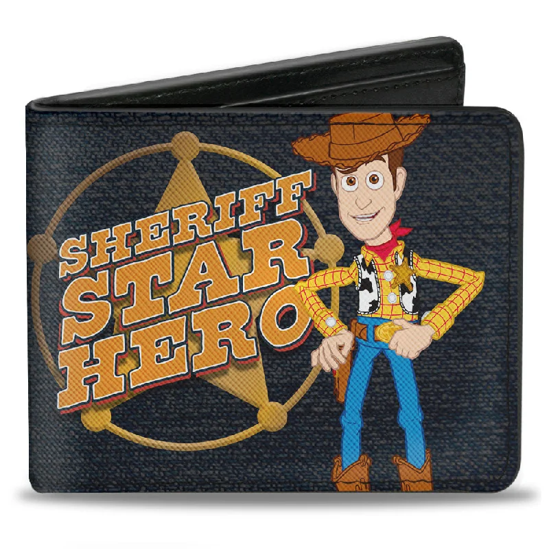 Slim money clips for minimalist wallets Camouflage-Patterned Passport Covers & Wallets for Hunters and MilitariesBi-Fold Wallet - Toy Story Woody SHERIFF STAR HERO Badge Denim Print Blues Golds