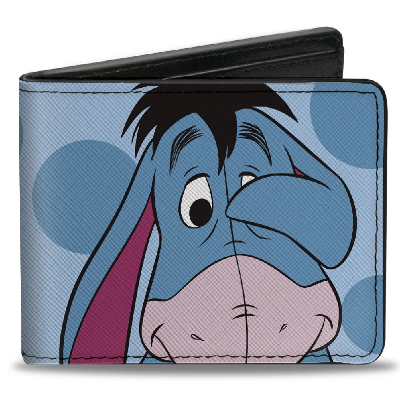 Money clips for women with sleek designs Magnetic-Closure Passport Covers & Wallets for Quick AccessBi-Fold Wallet - Winnie the Pooh Eeyore Character Close-Up Pose + Text Dot Blues