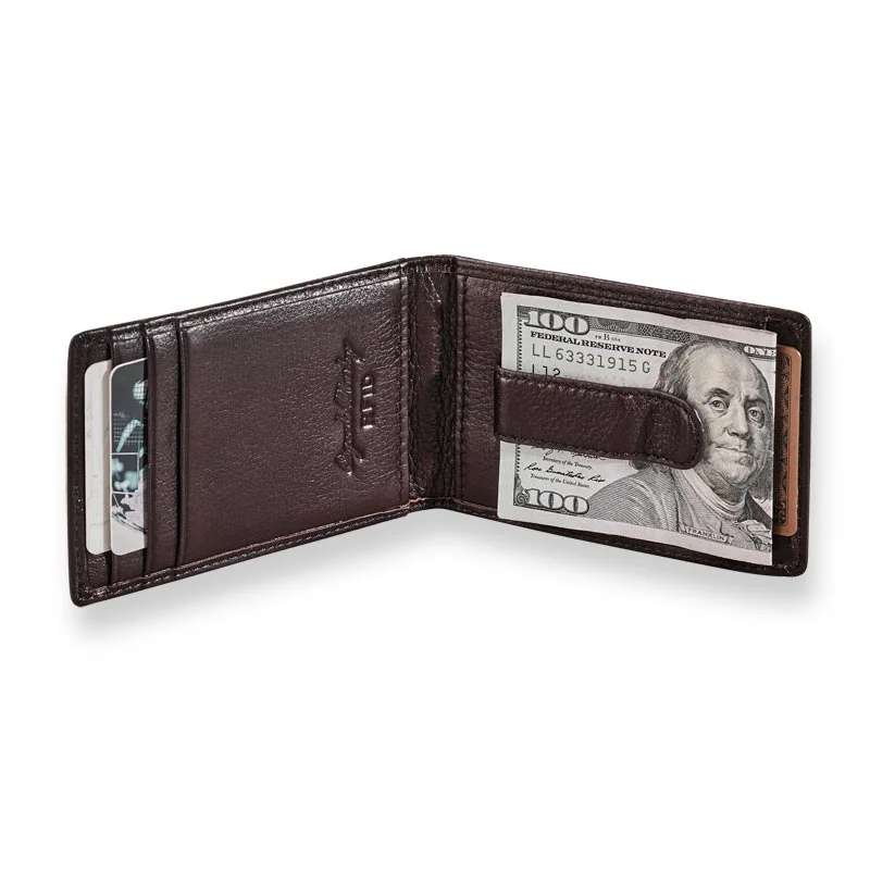 Custom money clips for corporate gifts Cowhide Leather Passport Covers & Wallets with a Rustic Western LookFront Pocket Privacy Bifold Wallet with Money Clip