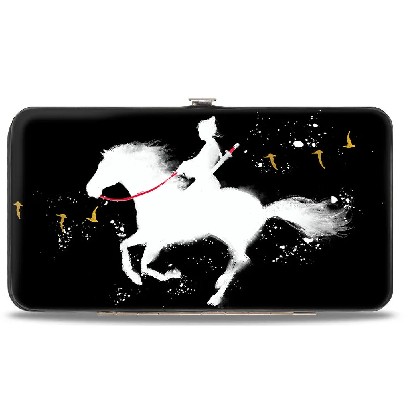 Money clips with RFID protection Cowhide Leather Passport Covers & Wallets with a Rustic Western LookHinged Wallet - Mulan Riding Horse Pose Birds Silhouette Black White Red Gold