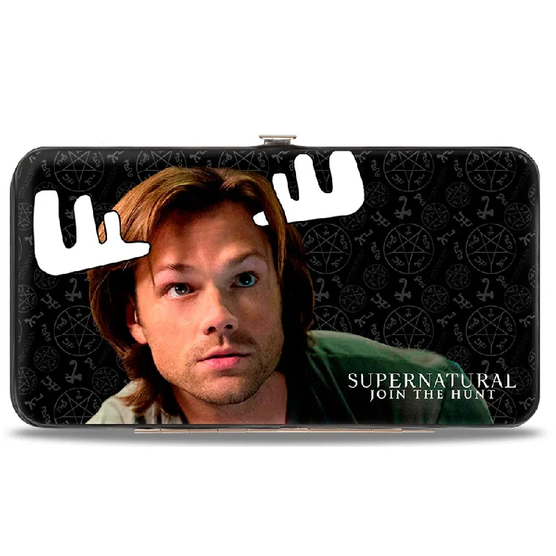 Money clips for holding large amounts of cash Antique Copper Passport Covers & Wallets with Intricate Engravings for CollectorsHinged Wallet - SUPERNATURAL Sam Moose + Dean Sqirrel Poses Scattered Symbols Black Gray White