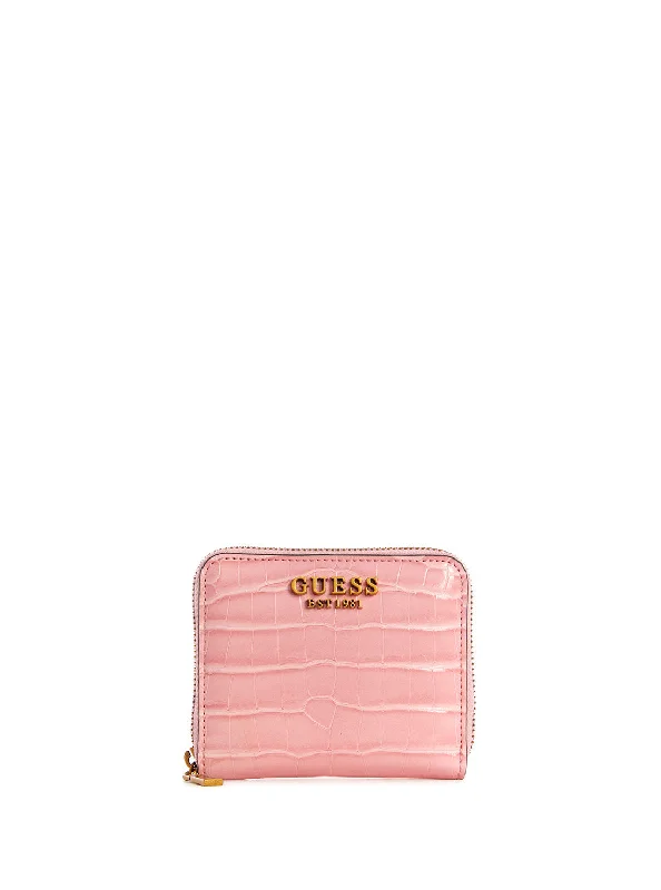 Eco-friendly money clips made from sustainable materials Embroidered Silk Passport Covers & Wallets with Gold Thread for Special OccasionsPink Laurel Croco Small Wallet