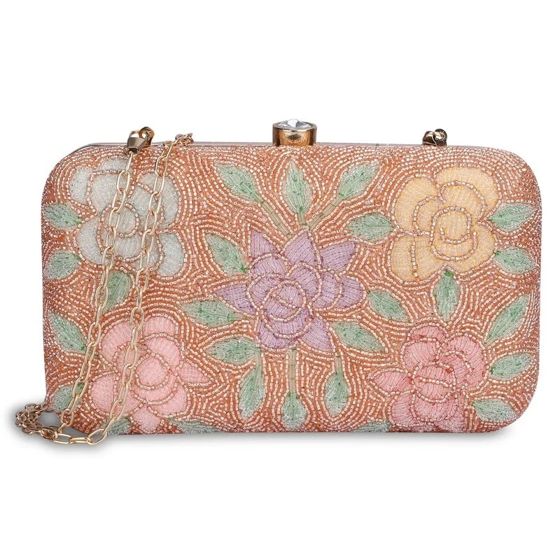 Top-rated money clips for everyday use Vegan Leather Passport Covers & Wallets for Environmentally Conscious PeopleTHE CLOWNFISH Norah Collection Womens Party Clutch Ladies Wallet with Chain Strap Evening Bag with Fashionable Round Corners Beads Work Floral Design (Peach)