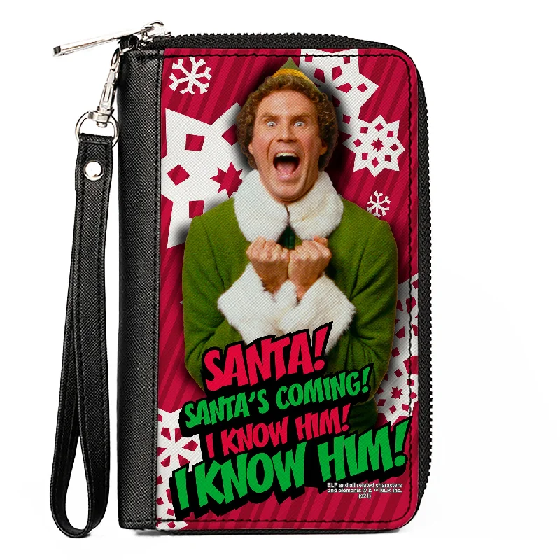 Luxury leather money clips with card slots Laser-Cut Metal Passport Covers & Wallets with Geometric Designs for Tech-SavvyWomen's PU Zip Around Wallet Rectangle - Elf Buddy the Elf SANTA! I KNOW HIM! Pose Snowflakes Red White