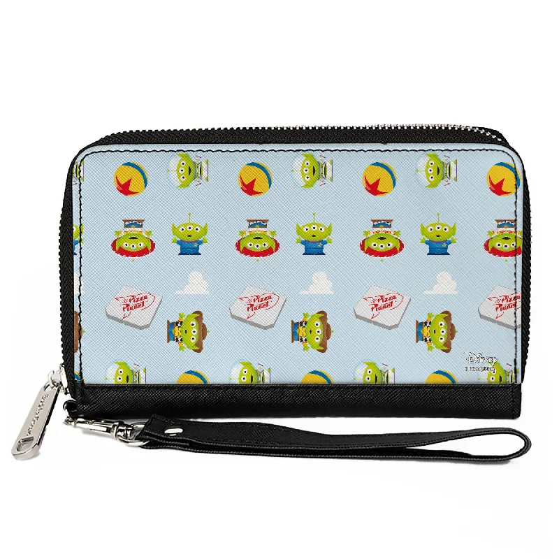 Lightweight money clips for travel Waterproof Nylon Passport Covers & Wallets for Outdoor AdventuresWomen's PU Zip Around Wallet Rectangle - Pixar Toy Story Alien Remix Pizza Planet Luxo Ball Collage Sky Blue