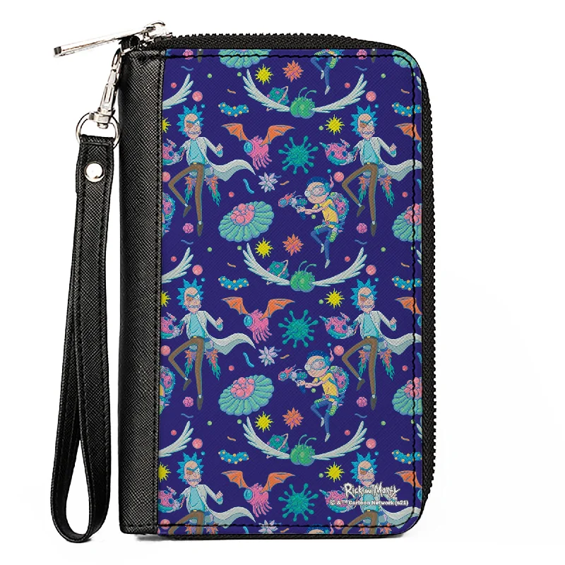Elegant money clips for weddings Colorful Floral-Printed Passport Covers & Wallets for Fashionable WomenWomen's PU Zip Around Wallet Rectangle - Rick and Morty Aliens and Cells Portal Gun Collage Purple
