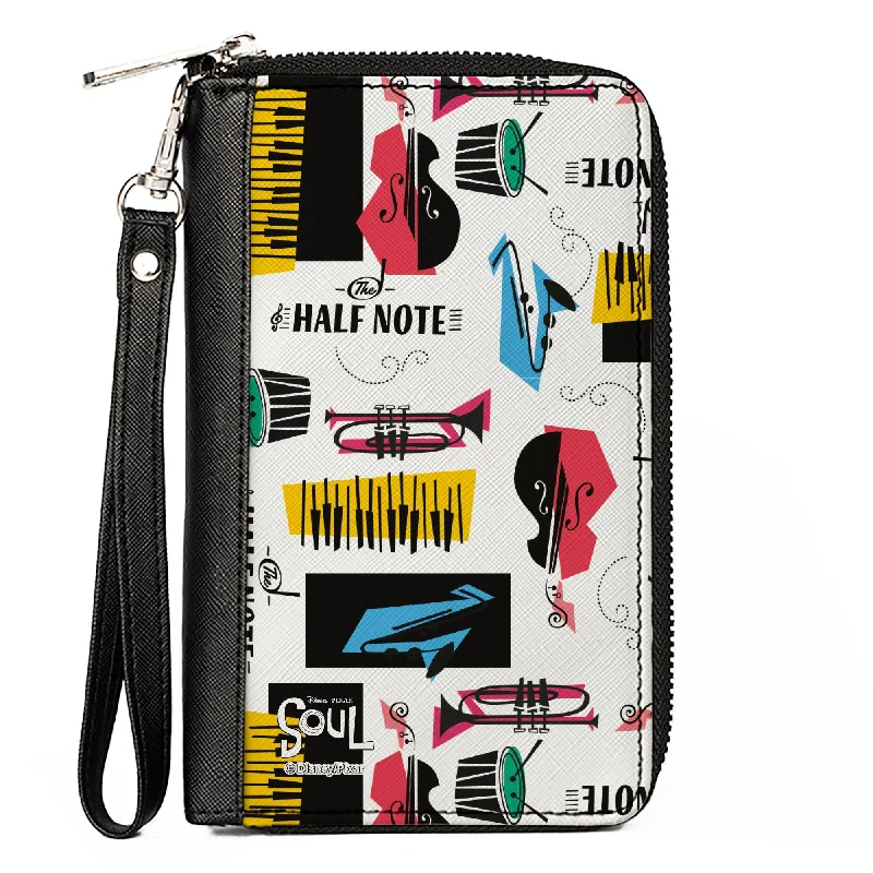 Top-rated money clips for everyday use Leather Passport Covers & Wallets with Handmade Stitching for Luxury TravelersWomen's PU Zip Around Wallet Rectangle - Soul THE HALF NOTE Instrument Collage White Black Multi Color