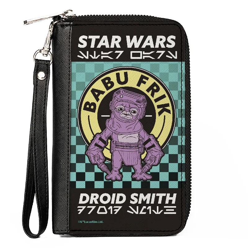 Personalized engraved money clips for men Magnetic-Closure Passport Covers & Wallets for Quick AccessWomen's PU Zip Around Wallet Rectangle - STAR WARS BABU FRIK DROIDSMITH Aurebesh Checker Teal Black White