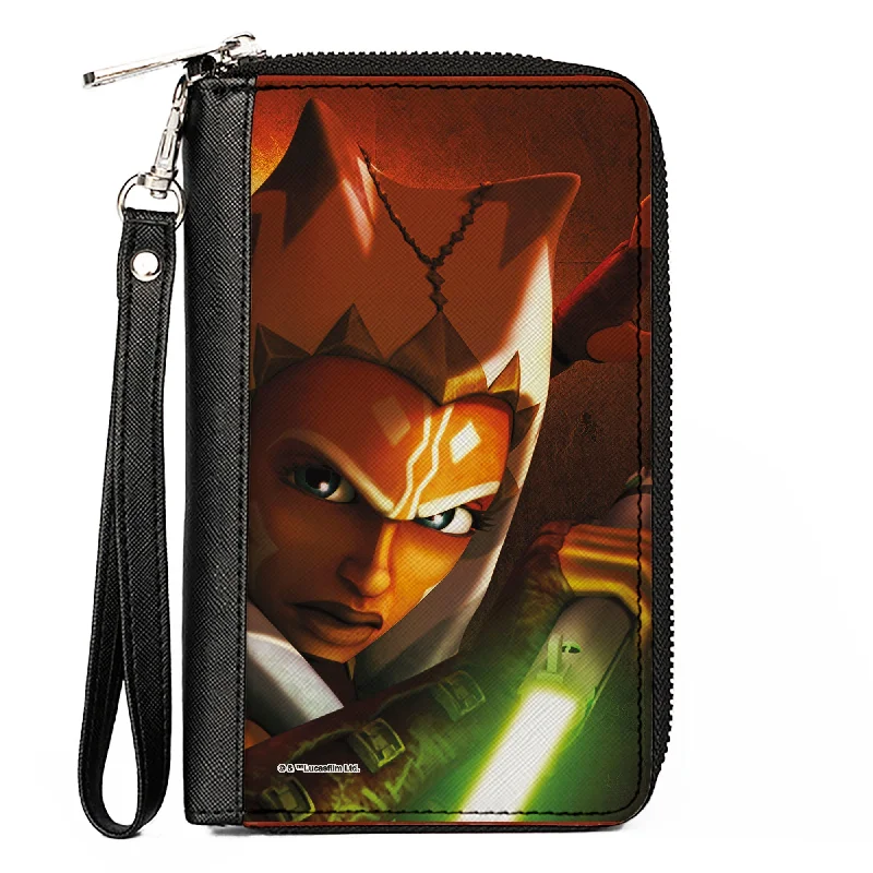 Custom money clips for corporate gifts Beaded Passport Covers & Wallets with Bohemian Vibe for Festival GoersWomen's PU Zip Around Wallet Rectangle - Star Wars the Clone Wars Ahsoka Lightsaber Pose Weathered Orange