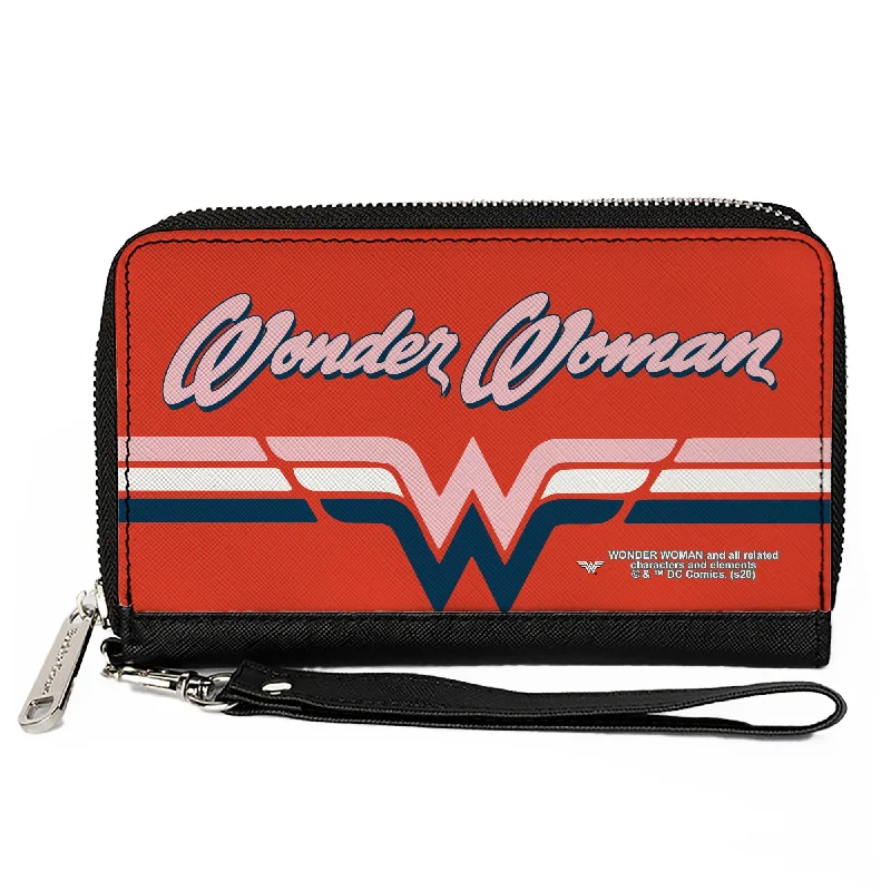 Elegant money clips for weddings Waterproof Nylon Passport Covers & Wallets for Outdoor AdventuresWomen's PU Zip Around Wallet Rectangle - WONDER WOMAN Script Logo Striping Red Navy Pink White