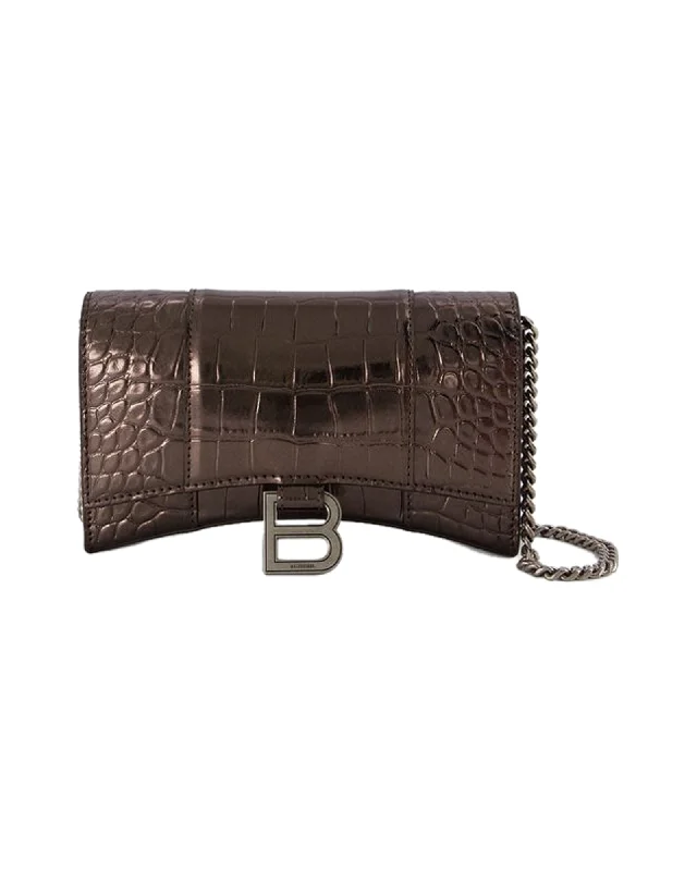 Money clips with RFID protection Hourglass Wallet on chain - Balenciaga - Leather - Dark Bronze